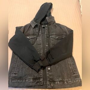 Black Washed Denim Jacket with Black Hoodie Sleeves
